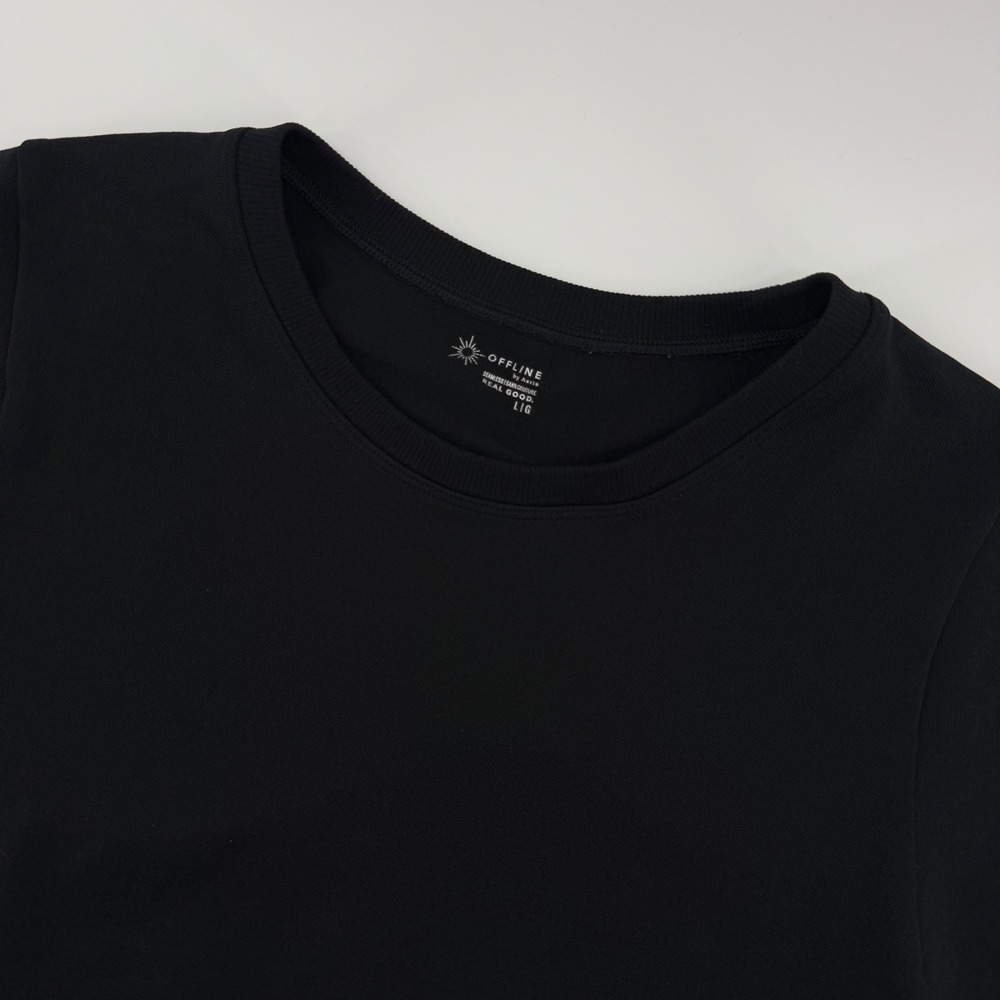 OFFLINE by Aerie Seamless Crop Top Womens Large Black Short Sleeve‎ Ribbed Tee